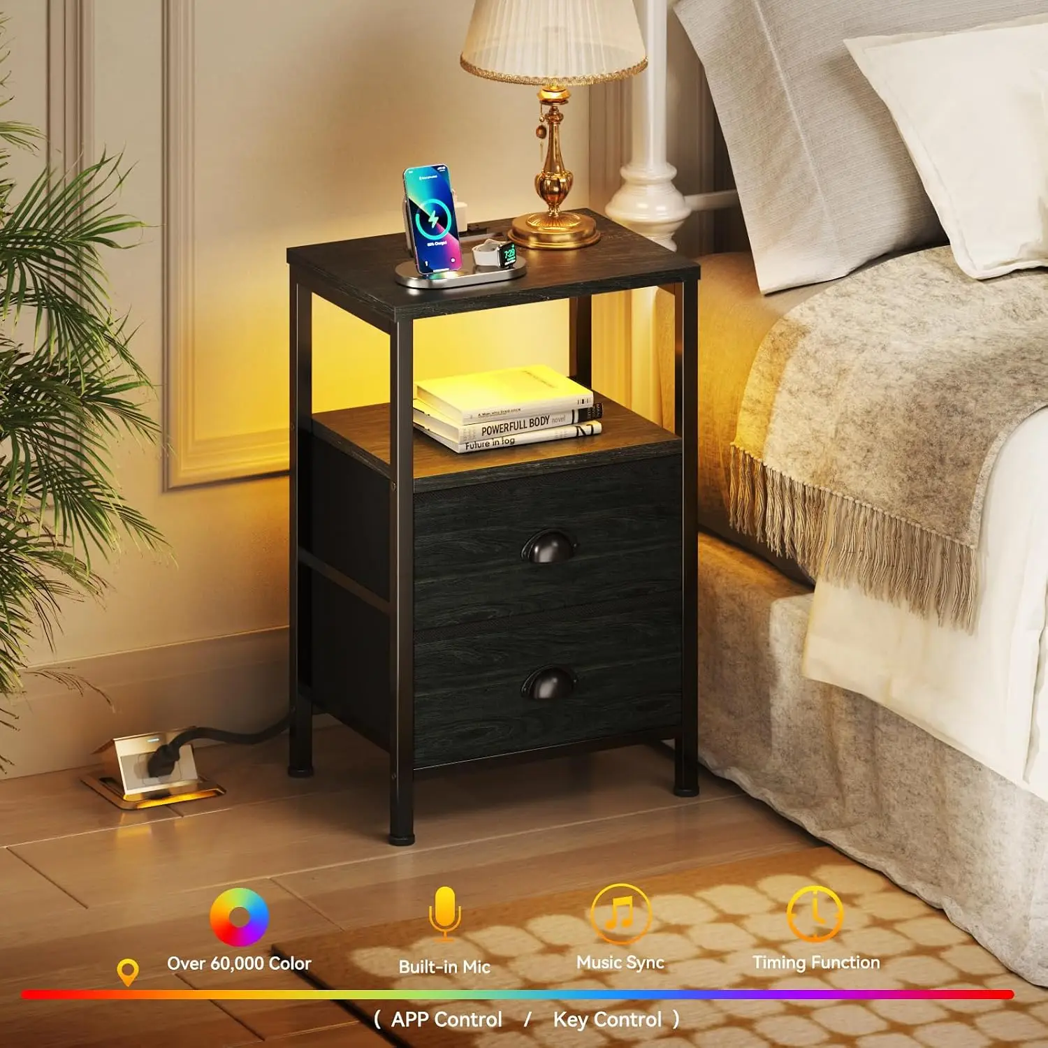 Nightstands Set of 2 with LED Lights & Charging Station, Black End Tables with Fabric Drawers for Bedroom/Living Room - view 4