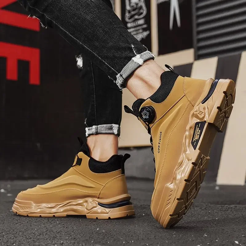 Men's Autumn Winter New Arrival Rotating Buckle High Top British Style Height Increasing Waterproof Anti Slip Lace Up Work Boots