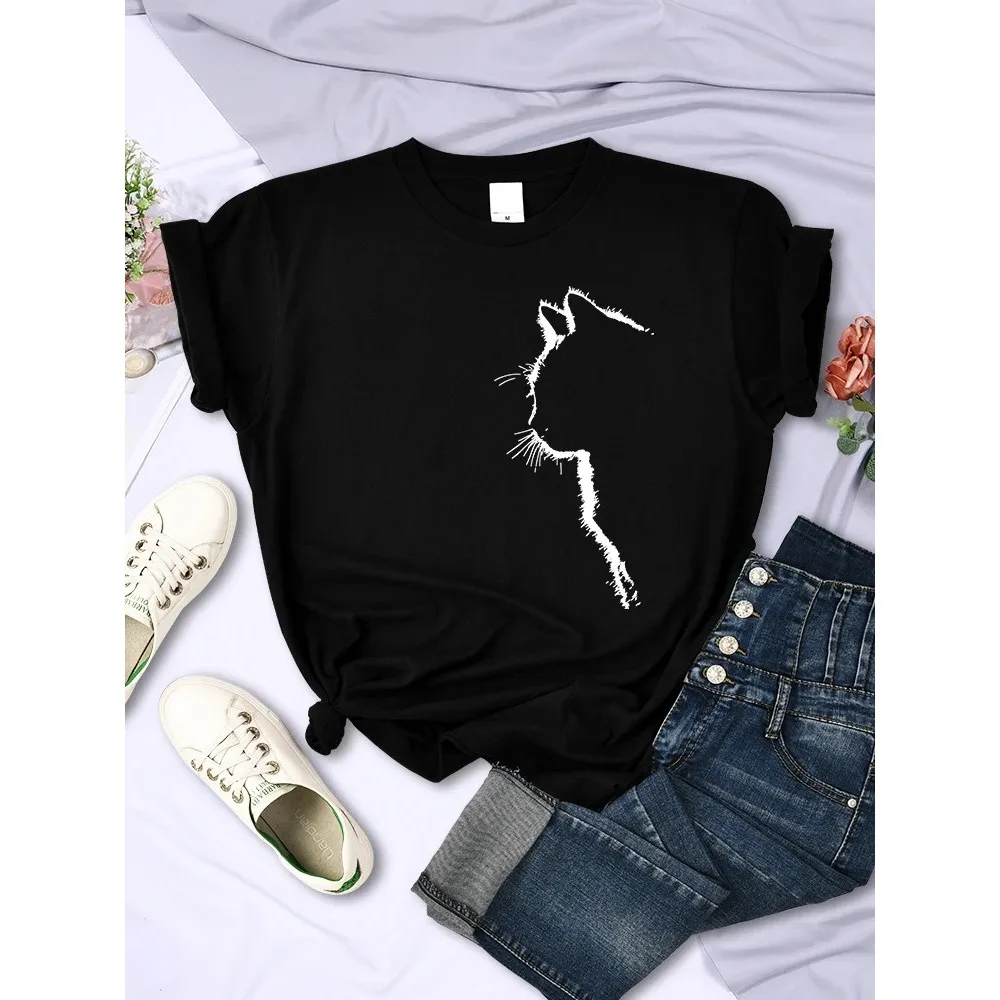 Plus-size Simple Strokes Of Cat Funny Printed Women T-Shirt Fashion Casual Short Sleeve O-Neck Personality Street Tee Clothing