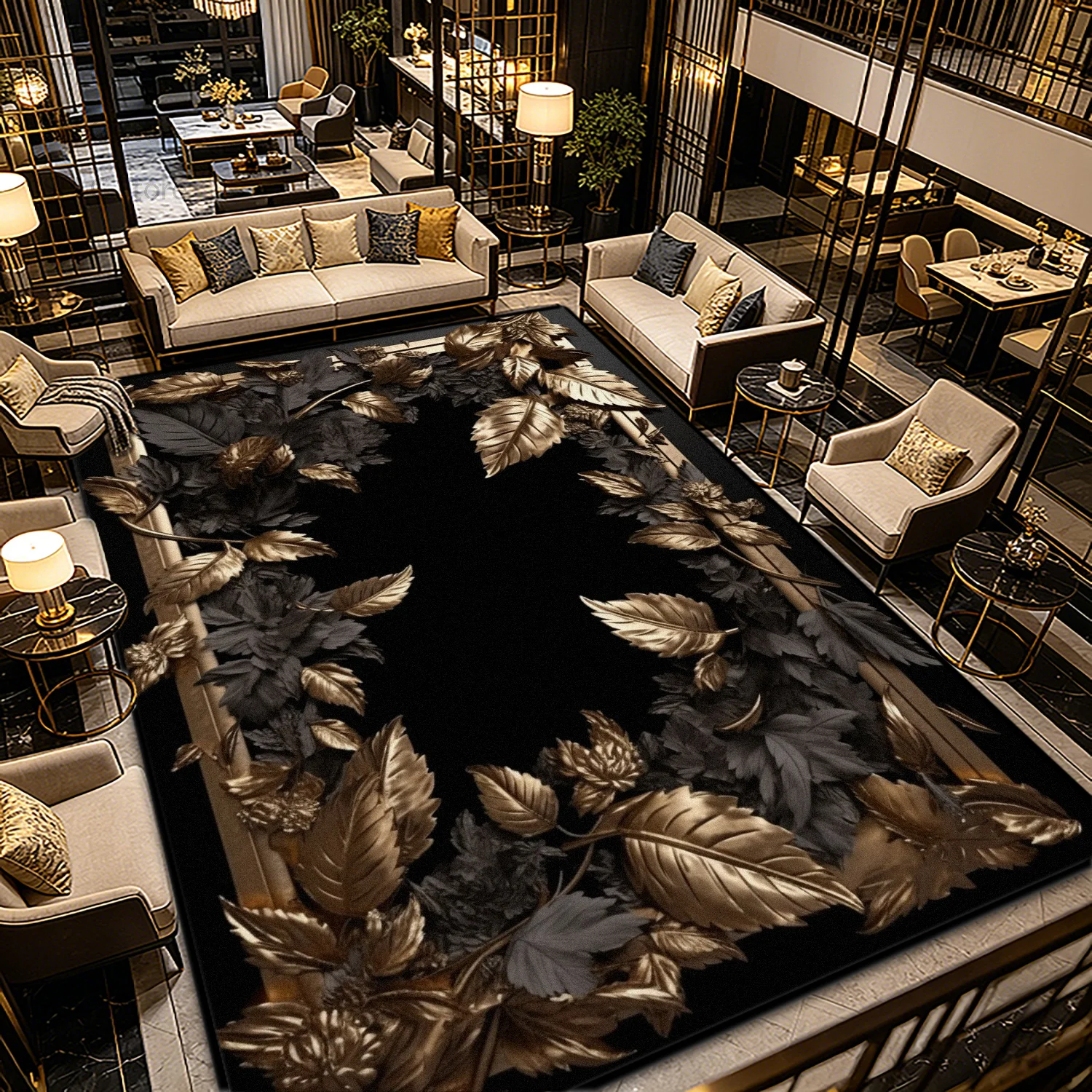 Black Gold Light Luxury Style Washable Fluffy Rug Decoration Bedroom Bedside Non-slip Carpet Foldable Short Velvet Big Floor Mat