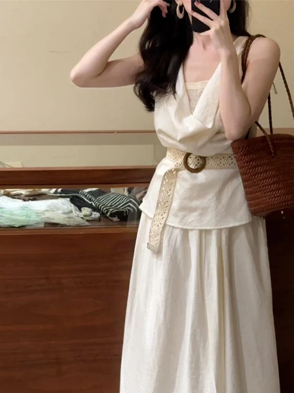 

2025 New Summer Vacation Style Hanging Neck Dress Women's Fashion Set Vest Long Skirt Two-Piece Suit Short Sleeve V-Neck