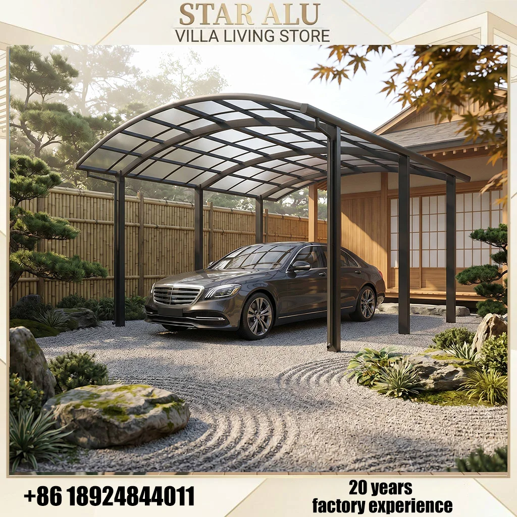 OneAlu Zen Garden Carport: Arched Aluminum Canopy with Translucent Roof for Japanese Villa Courtyards