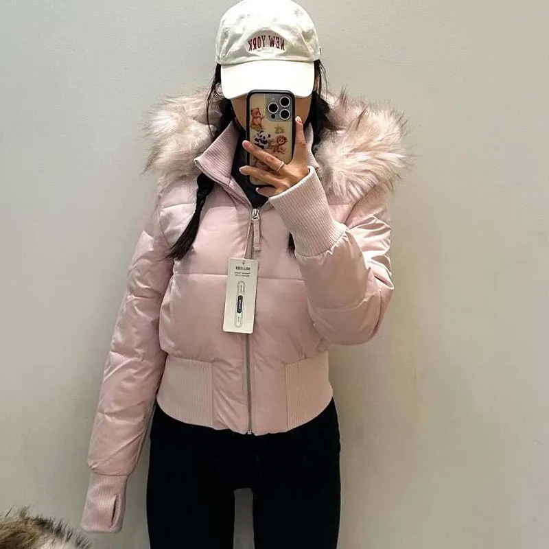 Fashion Women's Cotton Jacket Fur Collar Zipper Slim Waist Pocket Warm Thicken Coat Autumn Winter Hooded Jacket Lady Outwears