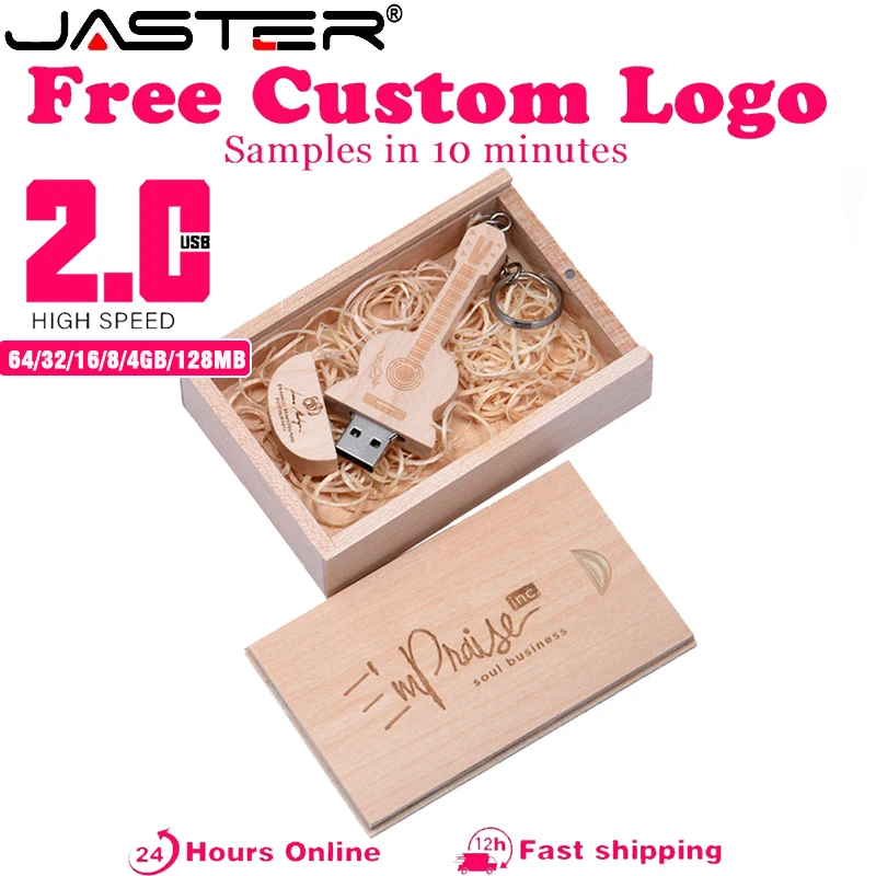 1PCS Free Custom LOGO Wooden Guitar USB Flash Drive Memory Stick U Disk 32GB 64GB 128GB Gift Pen Drives Box Memory Stick memoria