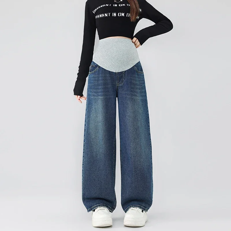 

Women 25SS Spring Autumn Fashion Wide Leg Loose Straight Drawstring Denim Pants Maternity Crescent Moon Blade Jeans for Pregnant