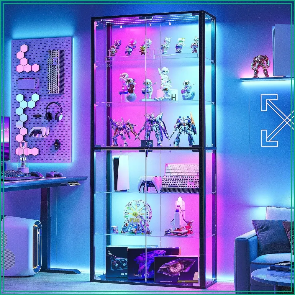 6-Tier Glass Display Cabinet with RGB Lights & Lock, Black Collectibles Shelf
