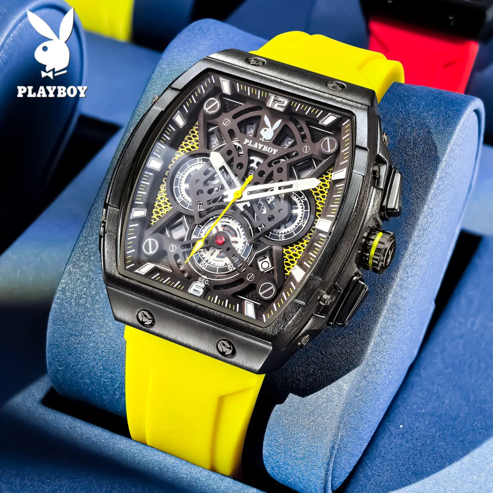 

PLAYBOY Фирменные новые многофункциональные кварцевые мужские наручные часы высокого качества, оригинальный силиконовый ремешок, повседневные модные трендовые мужские часы