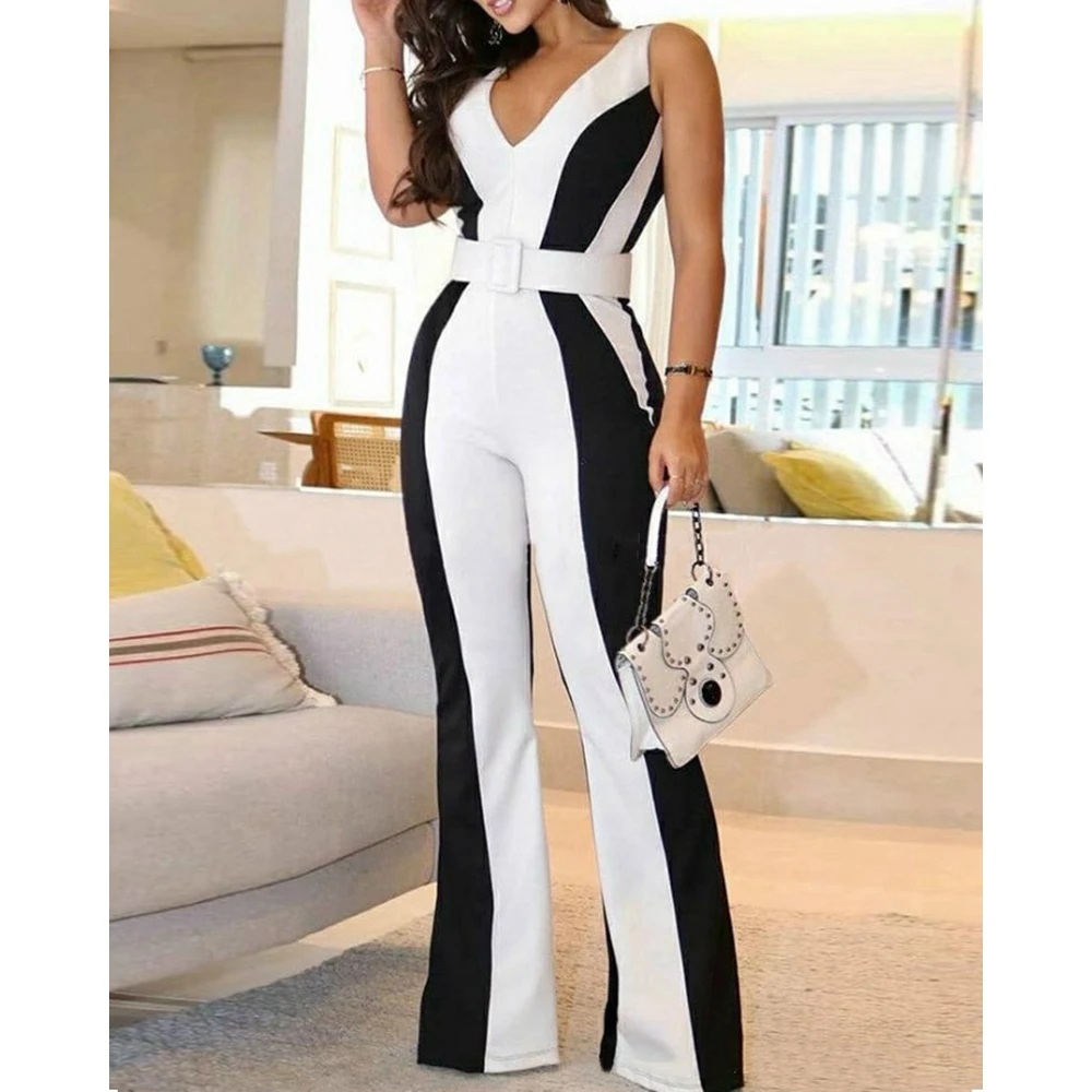 

Summer Women Colorblock Black Striped V-neck Sleeveless Jumpsuit without Belt Office Lady Flared Leg Sexy Plunge Work Jumpsuits