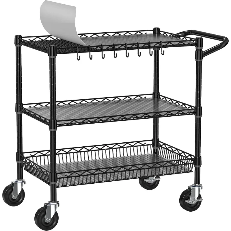 Heavy Duty Rolling Cart with Wheels, 3 Tier Commercial Grade Utility Cart Metal Kitchen Storage Trolley Wire Cart Food Storage