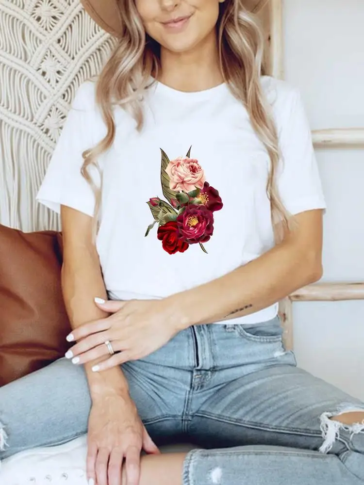 

Flower Cute Trend Lovely Clothes Basic Tee Women Clothing Print T Shirt Short Sleeve Summer Top Fashion Graphic T-shirt