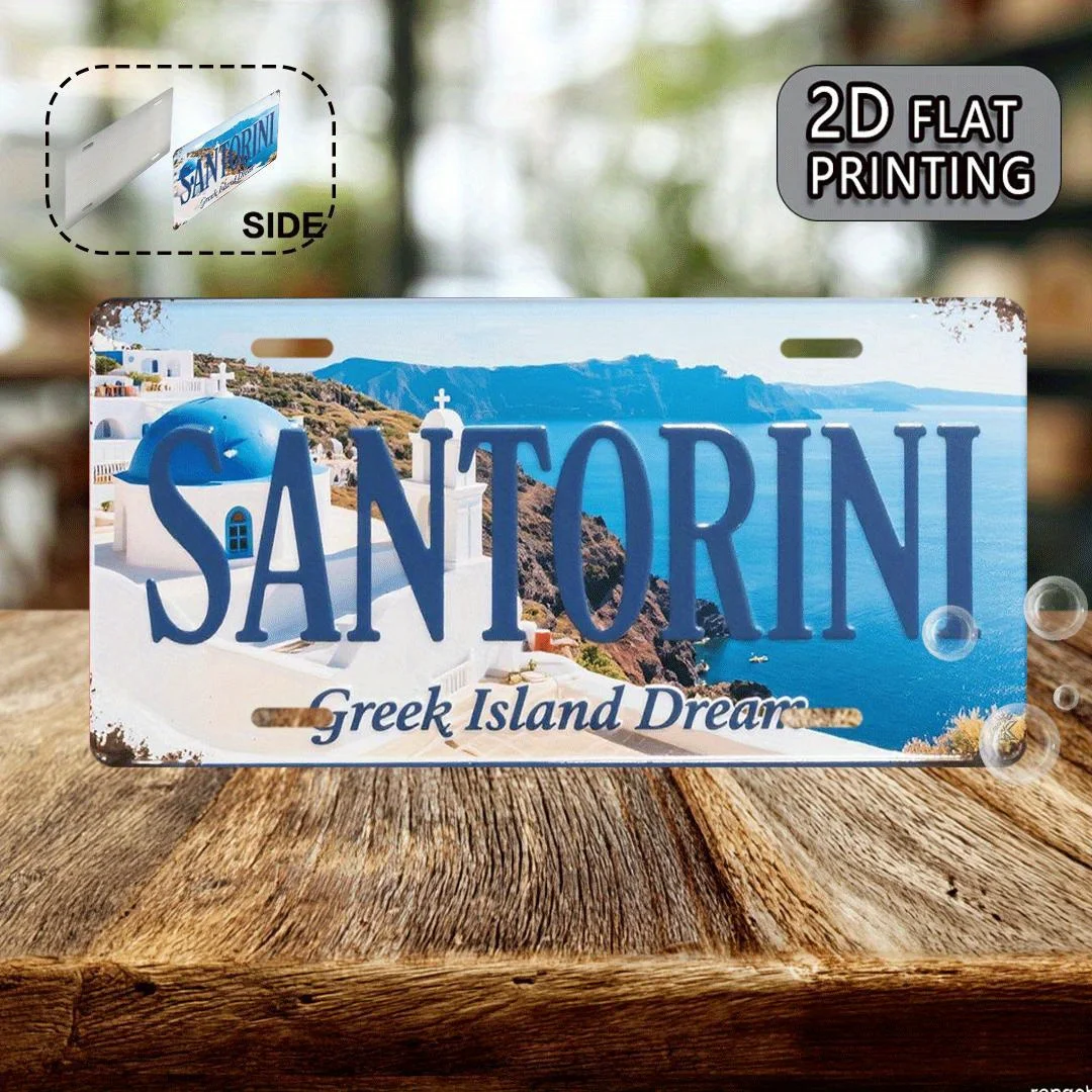 Aluminum Painting Santorini Greece Blue Dome Greek Island Dream Vintage License Plate Style Metal Tin Sign Wall Decor For Home B