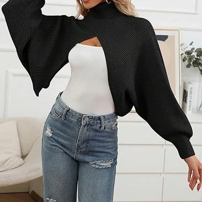 New Women\'s Sweater Shawl Style Casual Elegance Fashion Lantern Long Sleeved Shrugged High Neck Solid Color Knitted