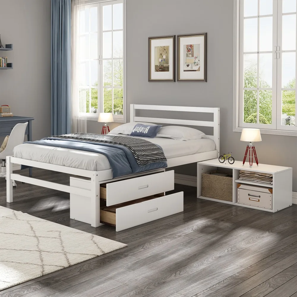 Full Size Wood Platform Bed with Removable Storage Shelves, Built-in Two Storage Drawers for Added Convenience