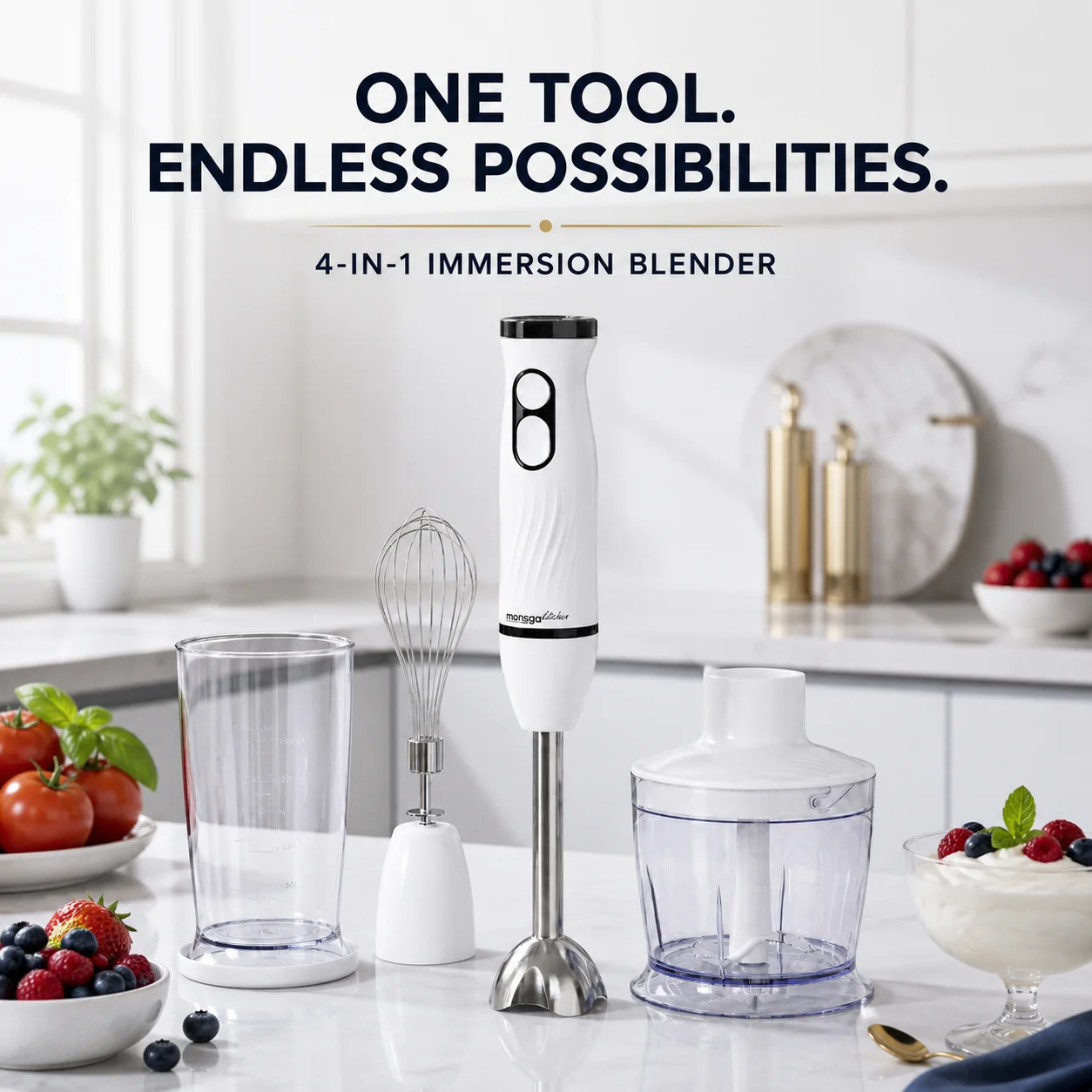MONSGA By erabros Electric Hand Immersion Blender Mixer, 4 in 1 Hand Mixer Detachable Stick Blender Multifunctional Egg Whisk Milk Frother with 2 Mixing Speed, Includes Vegetable Chopper Meat Grinder Juice Whisk Cup