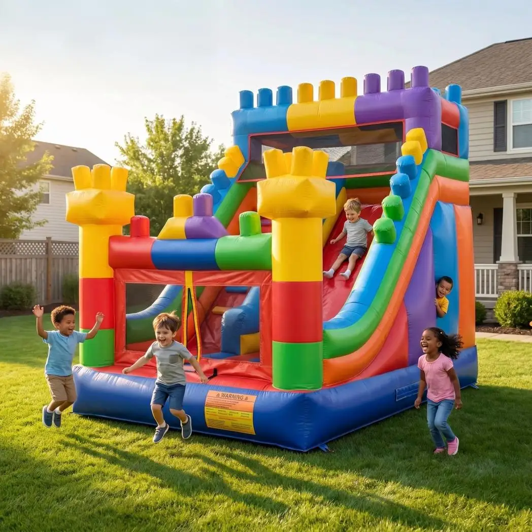 5.5x3.5x3.7 Meter Backyard Building Blocks Themed Inflatable Bouncy Castle with Dry Slide Bounce House for Kids Playground