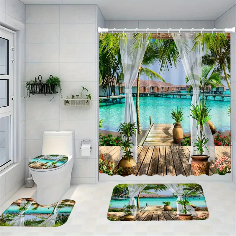 4pcs Tropical Beach Pattern Shower Curtain Set, Shower Curtain With 12 Hooks, Non-Slip Bath Mat, U-Shaped Toilet Mat, Toilet M