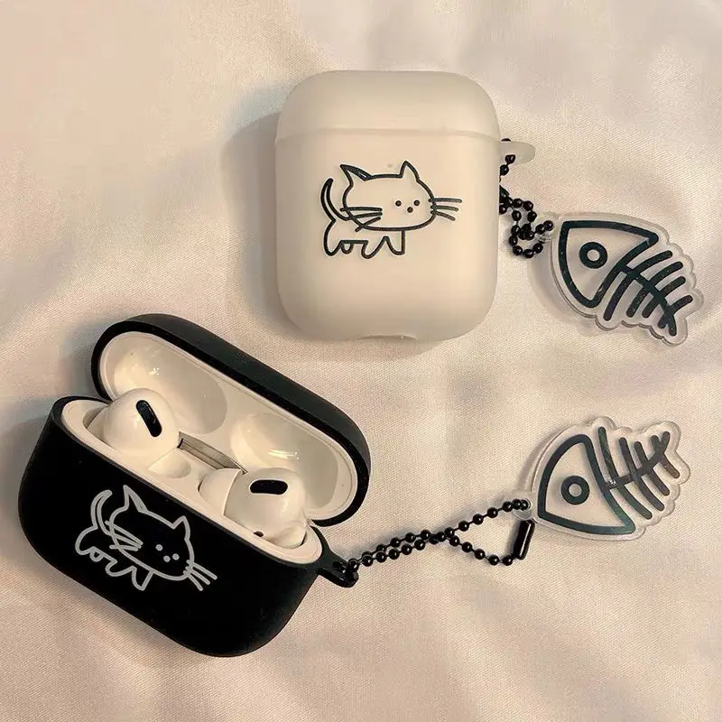 Ins Cartoon Cat Couples Matte Case For AirPods 1/2/3 Soft TPU Cute Cover for AirPods Pro 2 Bluetooth Earphone Case Fish Keychain