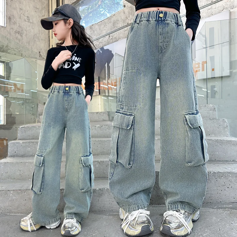 Kids Cargo Denim Pants with Side Pocket for Tween Girl High Fashion Hip Hop Jeans Children's Relaxed Fit Vintage Work Trousers