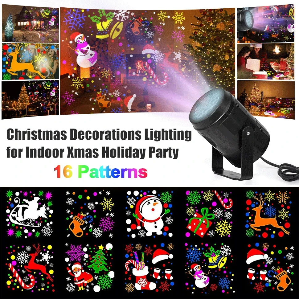 16-patronen kerst LED-projectorlicht, kerstvakantie sneeuwvlok scèneprojector voor thuis binnen muur tuindecoratie, USB-voeding