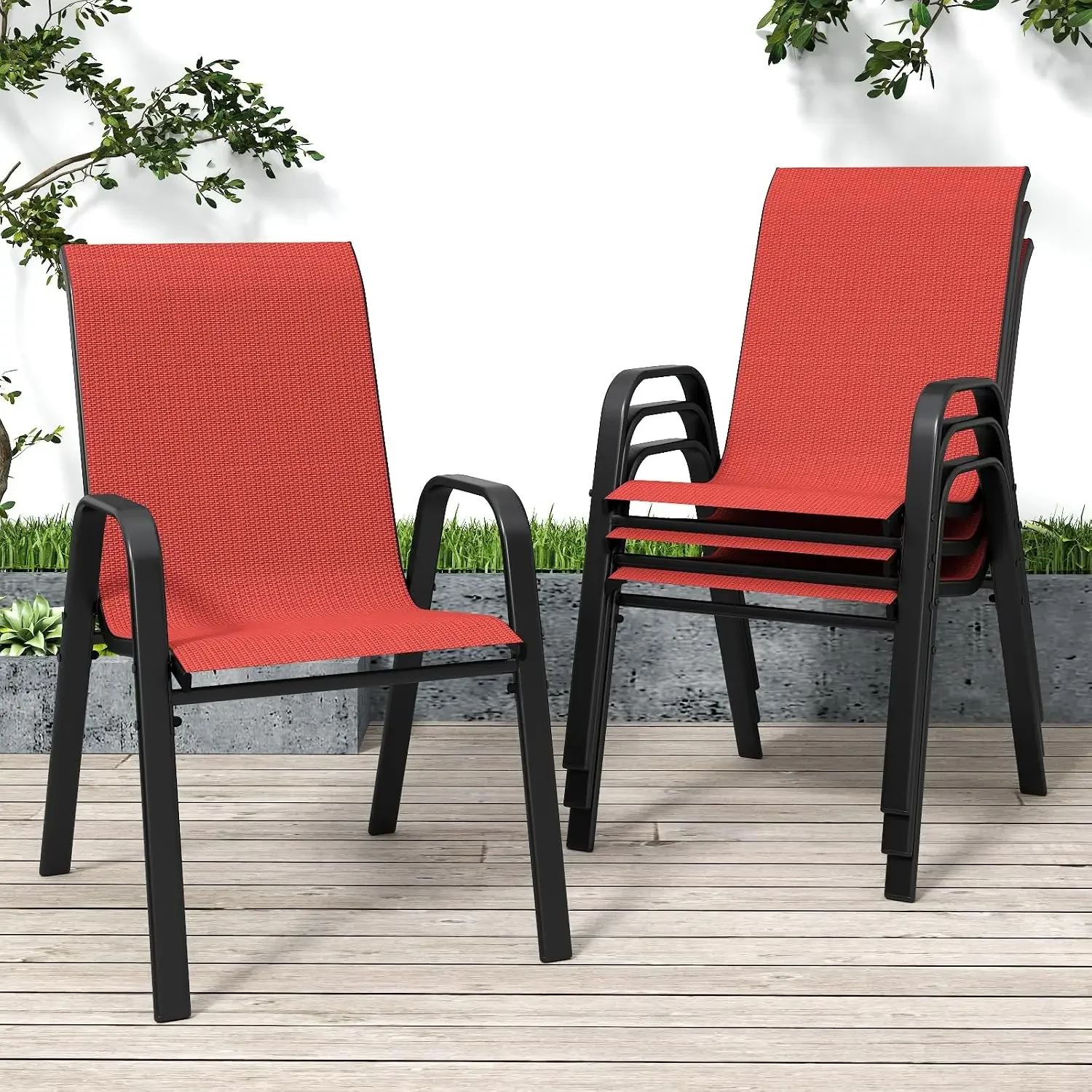 Red Patio Chairs Set of 4, Stackable Outdoor Dining Chairs for All Weather Textilene Fabric & Metal Frame, Outdoor Chairs Set fo