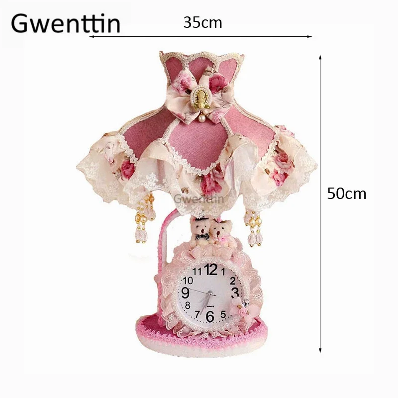 Moderna Principessa Led Lampade Da Tavolo con Orologio Tessuto di Pizzo Supporto Da Tavolo Apparecchi di Luce per I Bambini Camera Da Letto lampada