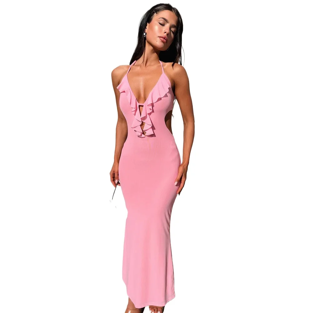 Ruffle strapless dress strapless cutout long undershirt dress Sexy V-neck street shoot party banquet women's dresses