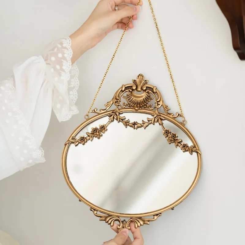 Fangcun Time Vintage Oval Decorative Mirror, Light Luxury Carved ,Wall-Mounted Chain Dual-Use Makeup Mirror Hanging Ornament