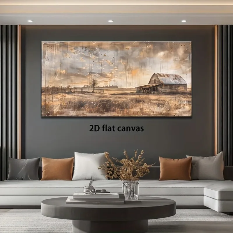 

Canvas Wall Art 2D Flat Rustic Barn Landscape Abstract Painting Frameless Picture for Living Room Bedroom Office Wall Home Decor