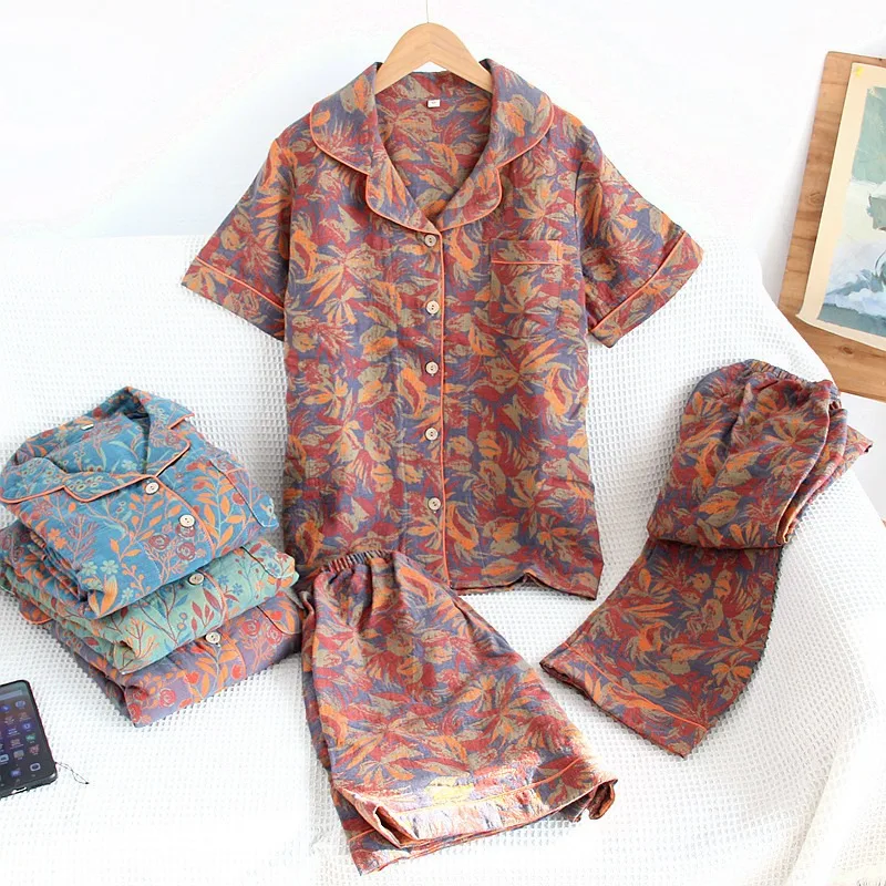 Women's Spring Summer Lightweight Three Piece Pajama Set  Short Sleeved Lapel Colorful Woven Jacquard Design Cotton Print Shorts