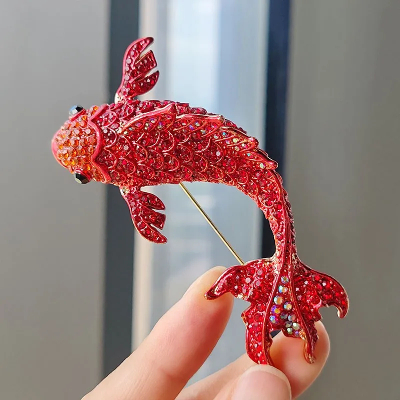 Trendy Red Koi Fish Rhinestone Brooches For Women Unisex Vintage 3-Color Carp Fish Animal Brooch Pin Coat Suit New Year Gifts