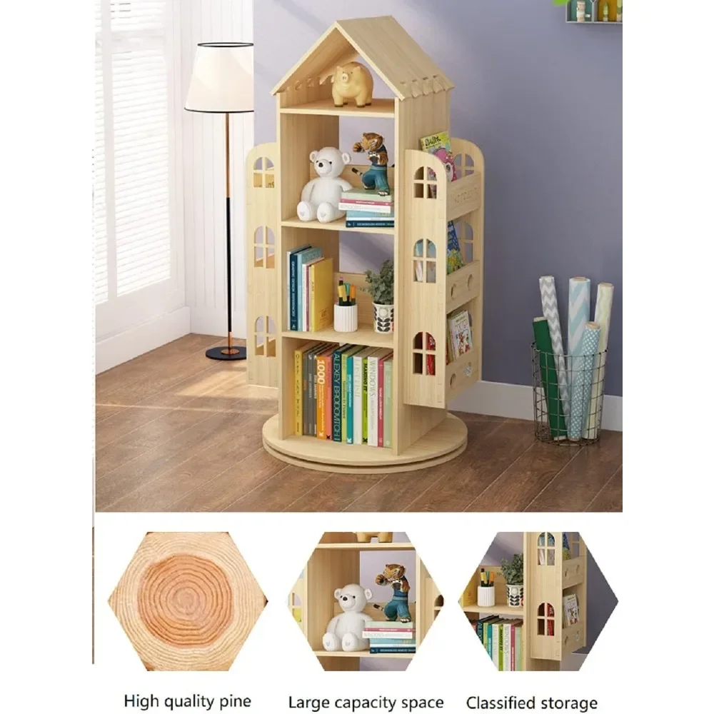 Children's bookshelf, 360 degree rotating display floor standing bookshelf storage rack, wooden children's storage rack