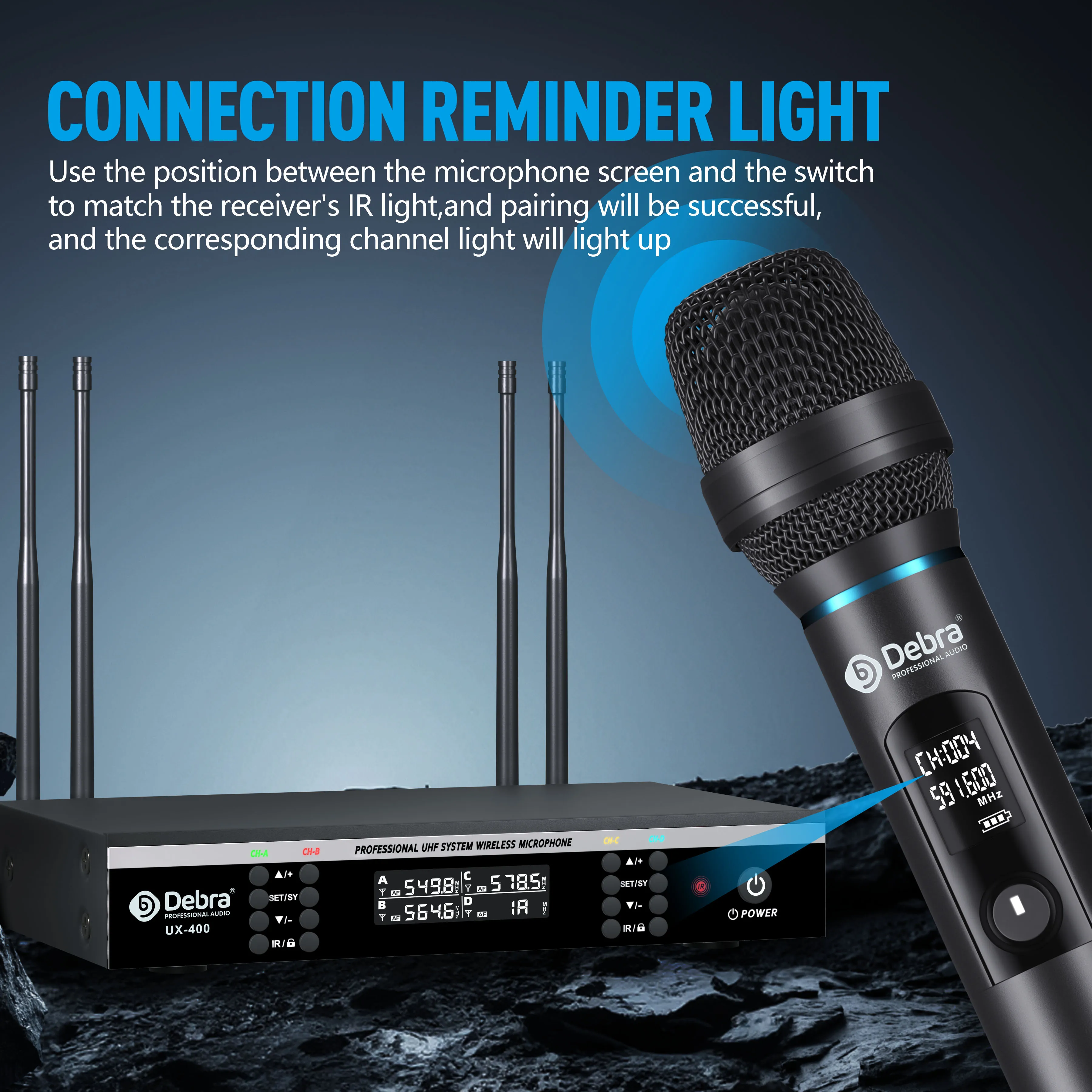 ميكروفون محمول لاسلكي من Debra UX-400 UHF ذو 4 قنوات، ميكروفون قابل لإعادة الشحن، مسافة نقل 80 مترًا، للمسرح والكاريوكي