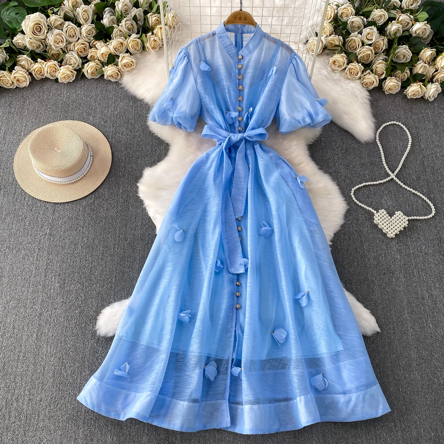 Schicke Vintage-Kurzarmknopf-elegante Fee koreanische Mode Herbst Sommerkleid Damenbekleidung