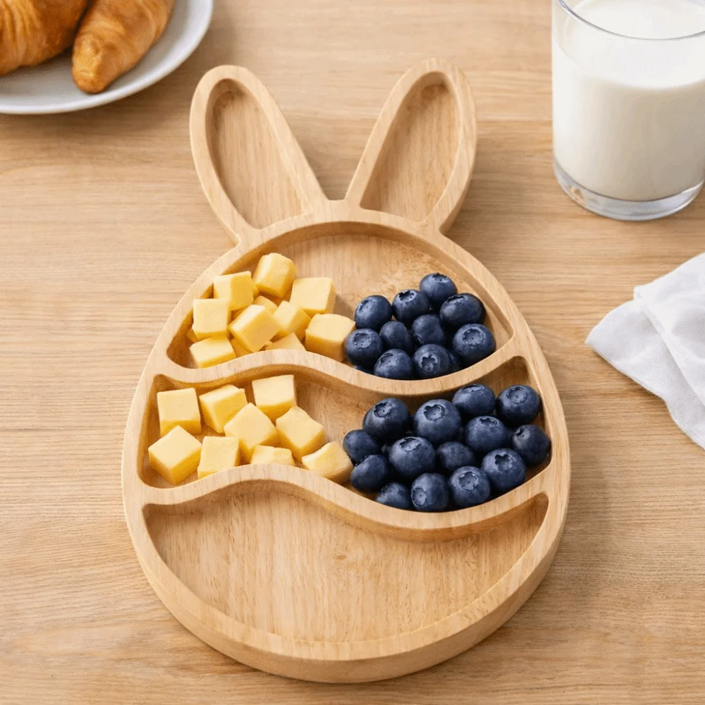 Practical Wooden Easter Egg Shape Tray Cartoon Decorative Bunny Snack Serving Tray with Compartments Durable Pallet Fruits