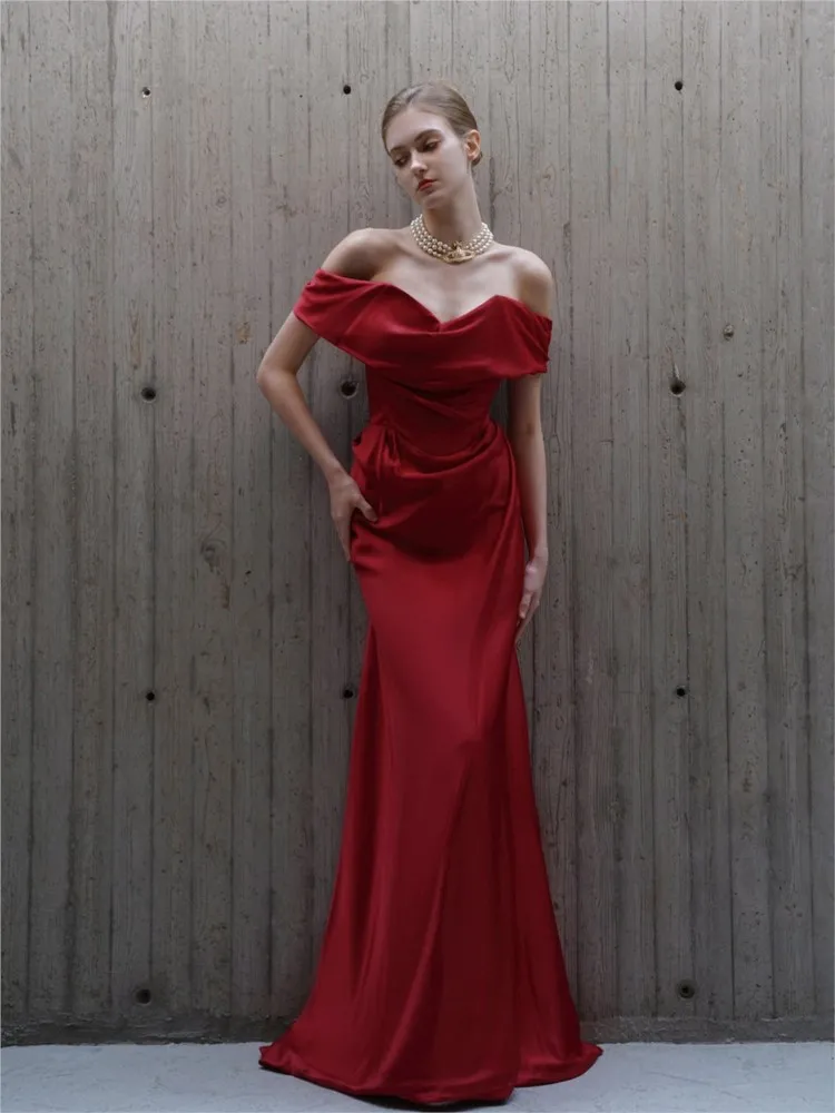 Acetate satin toasting banquet simple design plus-size red dress