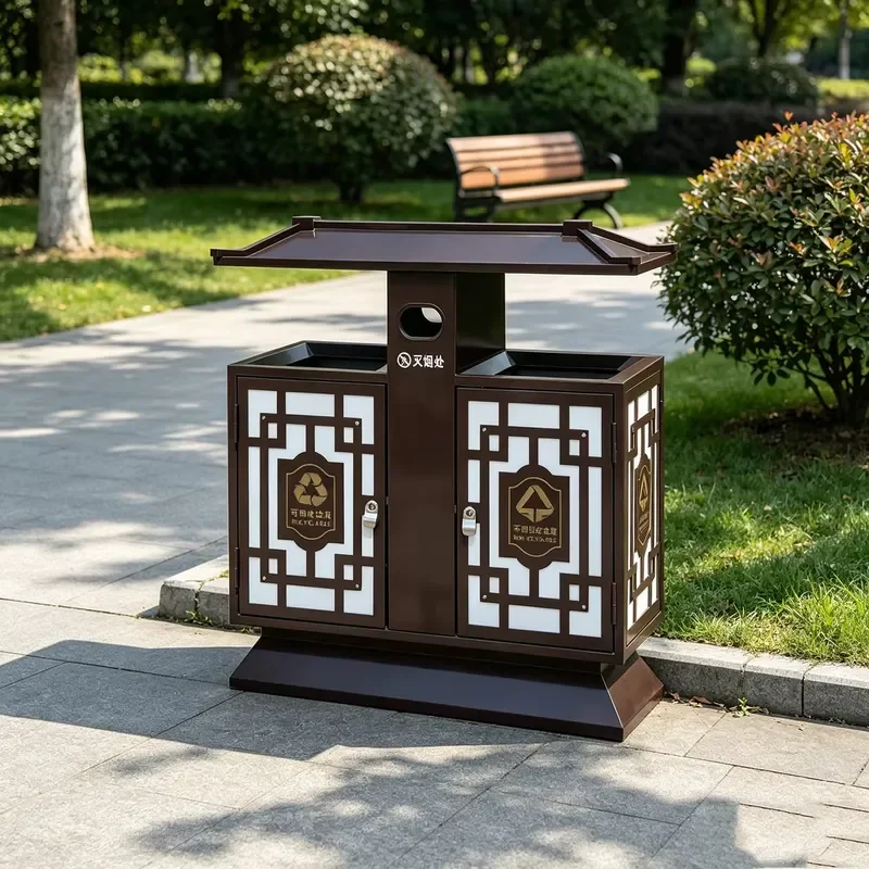 Galvanized Vertical Metal Trash Can Outdoor Waste Sorting Bin for Community Municipal Street Use Durable Garbage Container