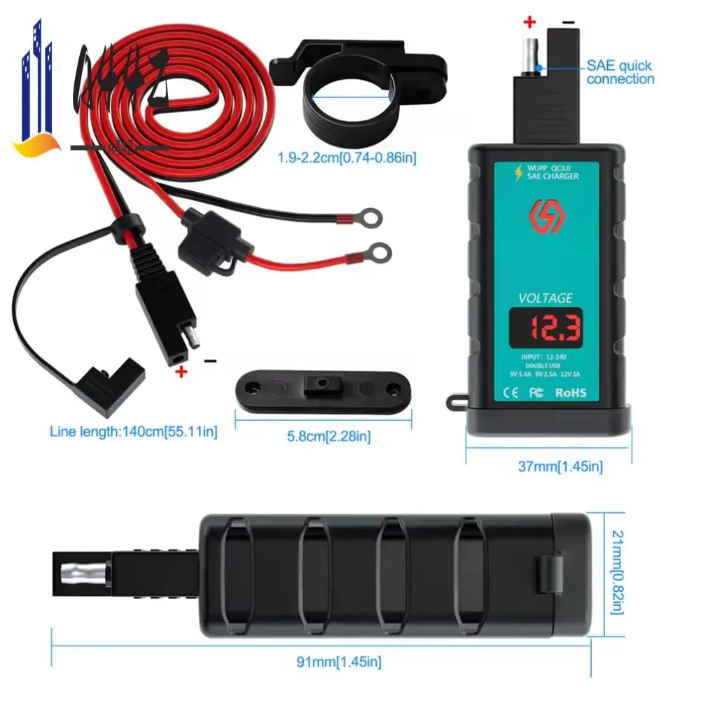 

A44Z-Motorcycle Dual Ports USB & Type-C Fast Charger, QC3.0, IP66 Waterproof, 12V-24V Voltmeter, On/Off Switch, For Phones