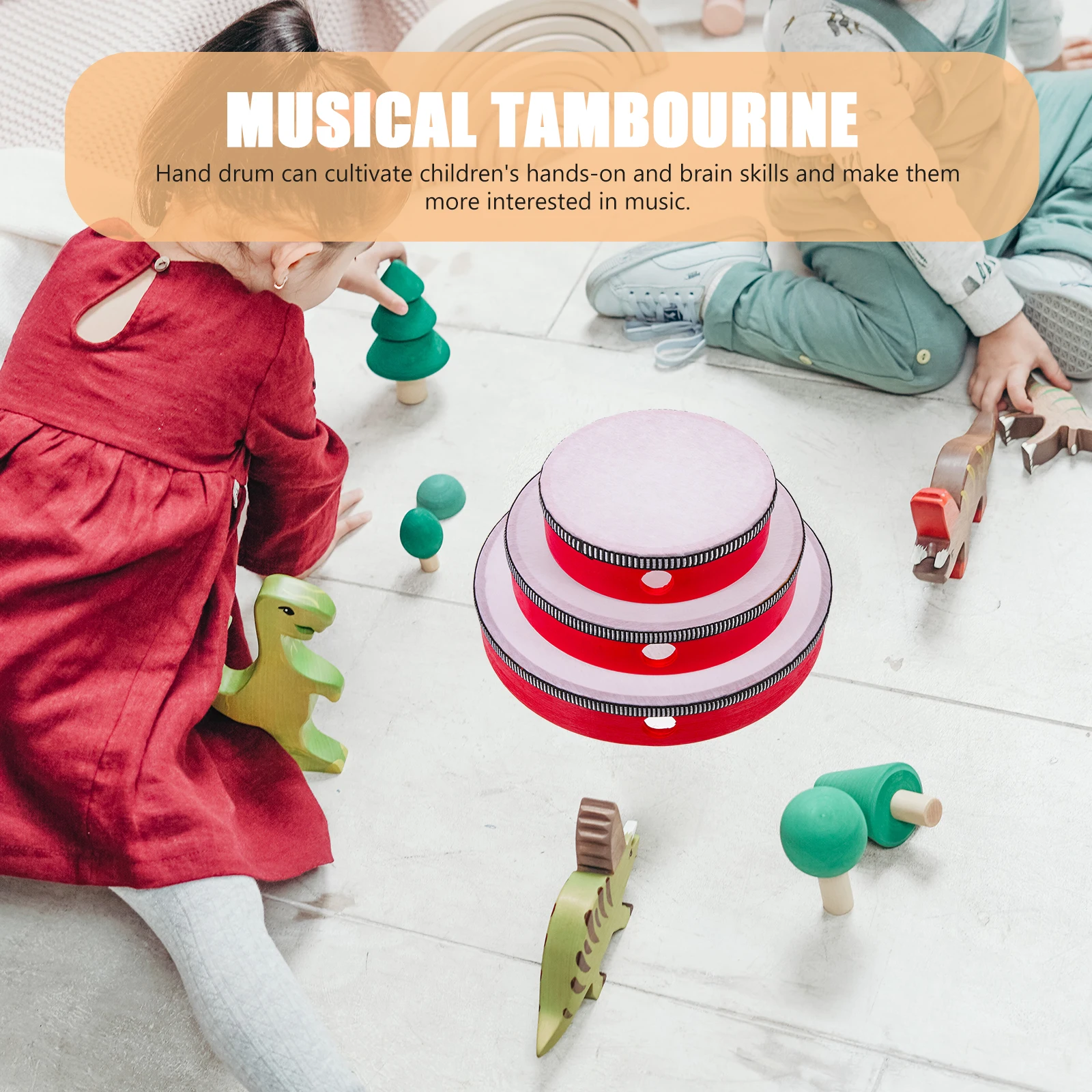 

3Pcs Handheld Tambourine Drum Bell Set Wood Percussion Instrument for Kids Music Class Family Interaction Hand Drum