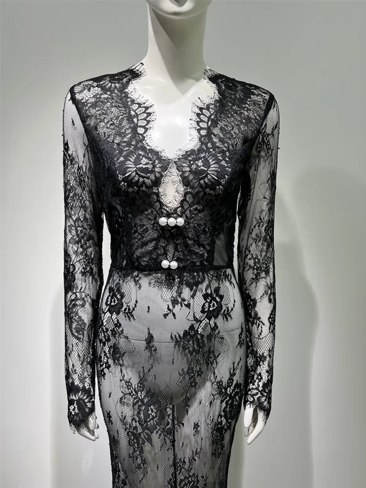Women Celebrity Sexy Long Sleeve Black Lace Maxi Long  Dress 2024 Elegant Party Evening Stage Performance Dress Vestido image 5
