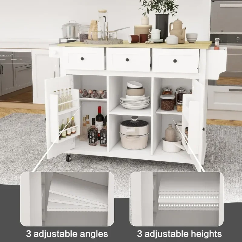 Kitchen Island on Wheels,Kitchen Trolley with rubberwood and Foldable Table top,Mobile Kitchen Island with Double StorageCabinet