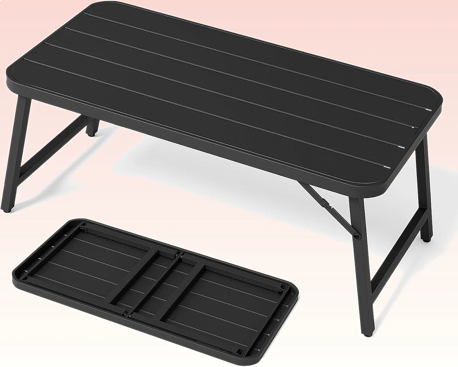 VINGLI Outdoor Folding Coffee Table Rectangle Drainable Iron Patio Table Black
