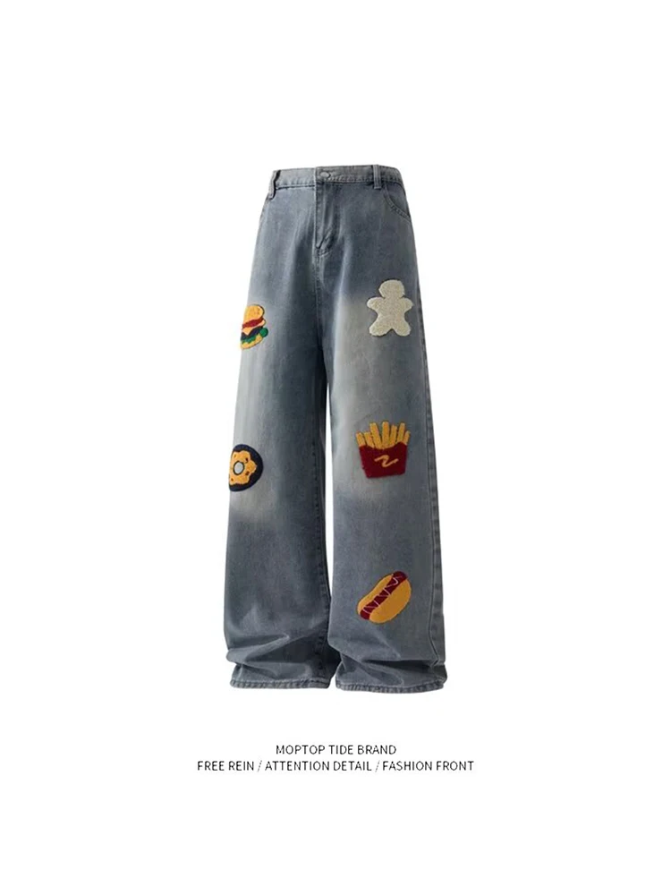 

American Street Sle Hamburg Fries Towel Embroidered Jeans Loose Straight Leg Wide Leg Pants for Men And Women Casual Cotton
