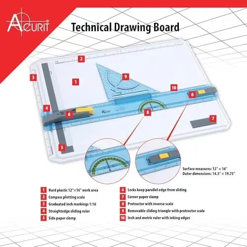Technical Drawing Board - Portable Drafting Table with Multi-Tool Kit, Break-Resistant Plastic, Straight-Edge Lock