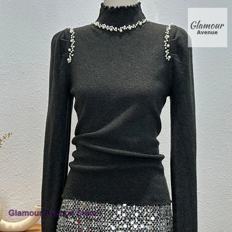 French semi-turtleneck long-sleeved sweater women's autumn and winter high-grade heavy-duty beading versatile bottoming top