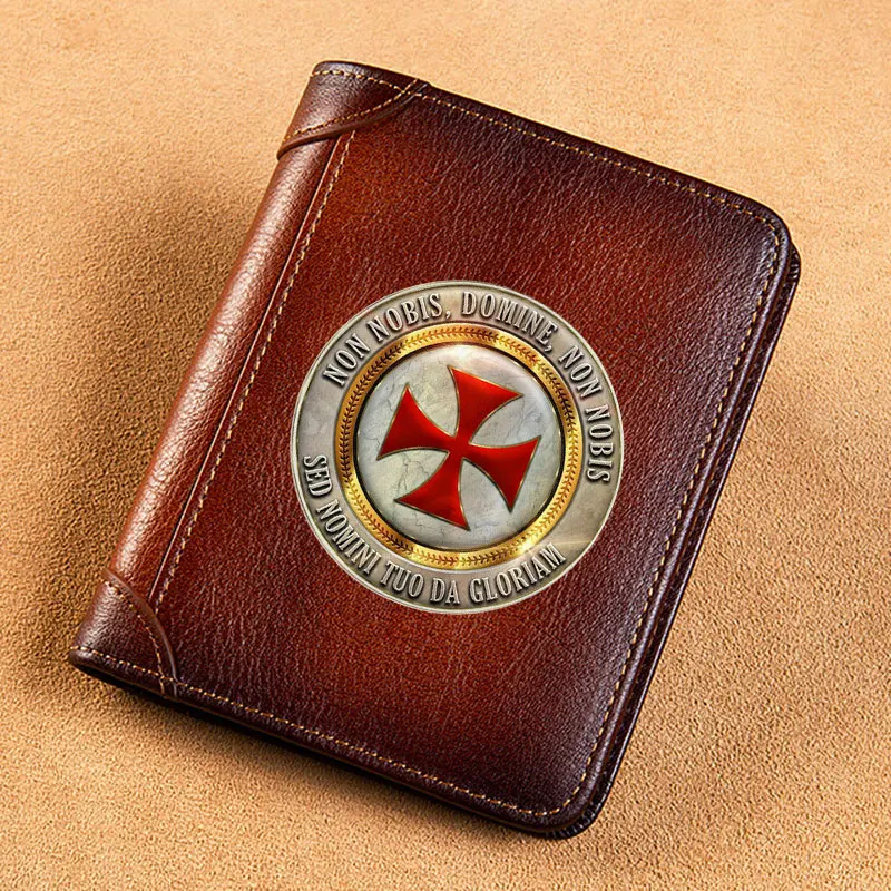 High Quality Genuine Leather Men Wallets  Simbolo De Los Templarios Cover Short Card Holder Purse Trifold Men's Wallet BK3888