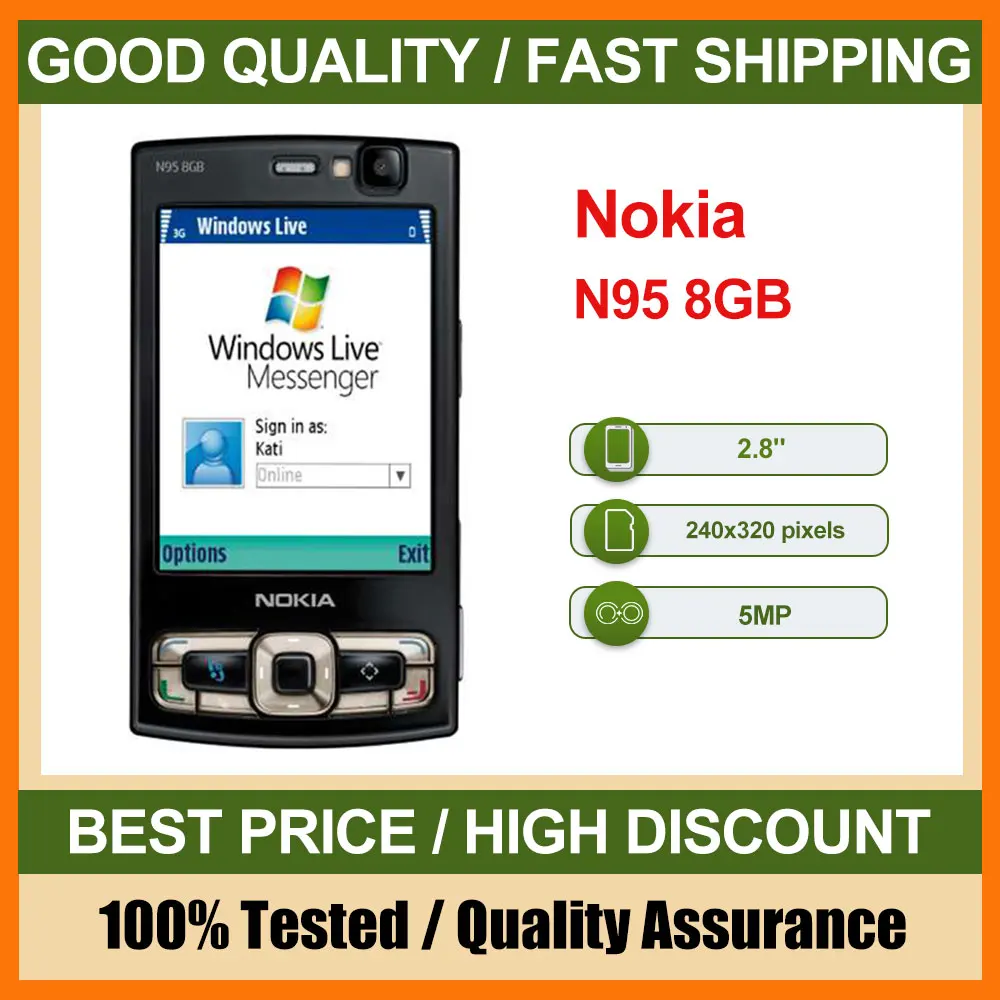 هاتف Nokia N95 الأصلي بسعة 8 جيجابايت مصنوع في فنلندا يدعم اللغة الإنجليزية وحالة جيدة