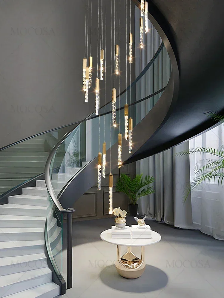 

Duplex Loft Staircase Chandelier Modern Living Room Crystal Hanging Lamp Villa Hollow Stairway Droplight LED Long Pendant Lights