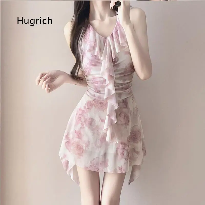 Women Halter V Neck Floral Print Swim Dress Ruffle Trim Irregular Hem One Piece Swimsuit Slim Fit Beachwear Outfit For Summer