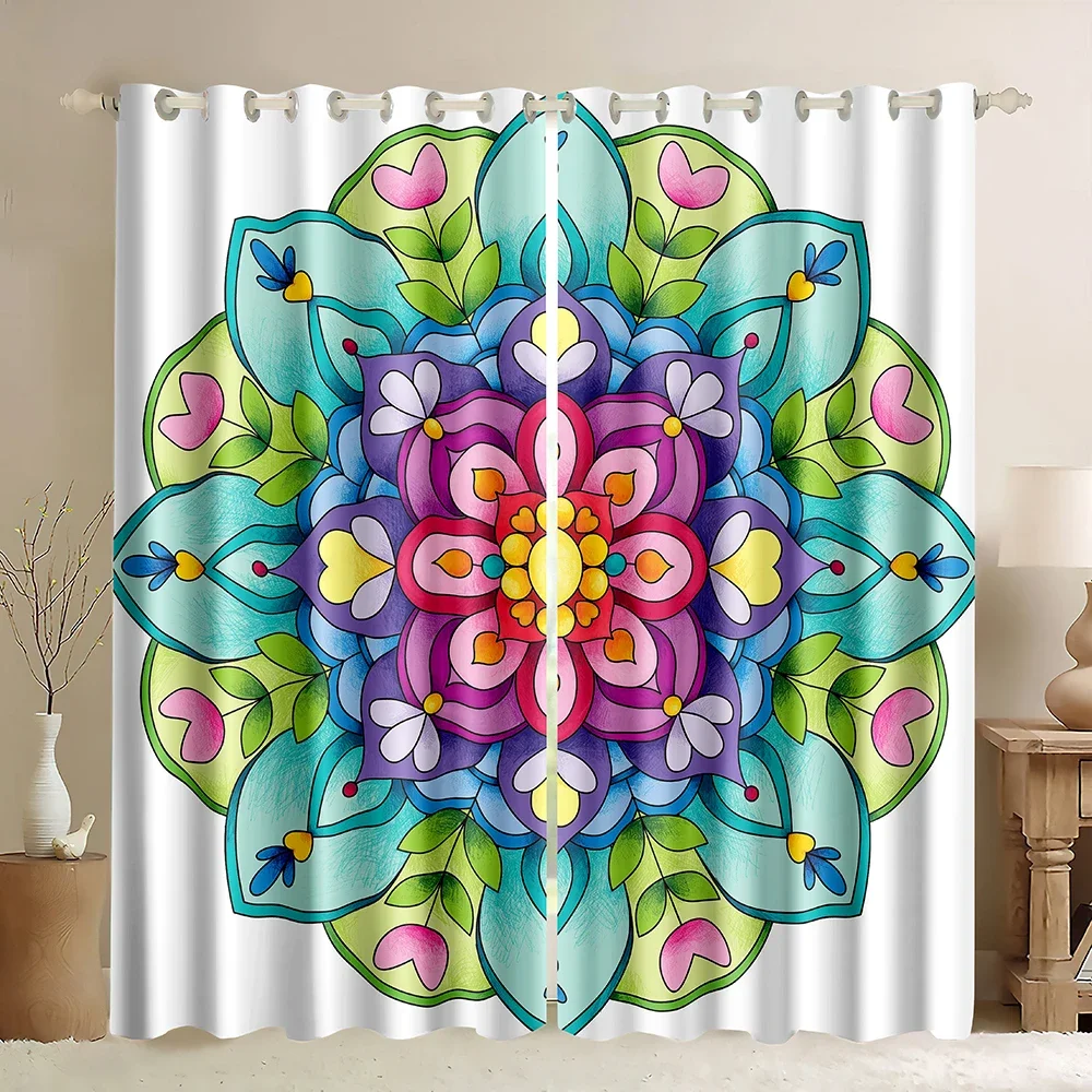 Mandala Window Blackout Curtains,Curving Soft Lines Old Fashioned Mandala Pattern Growth Image,Bohemian Mandala Colorful Pattern