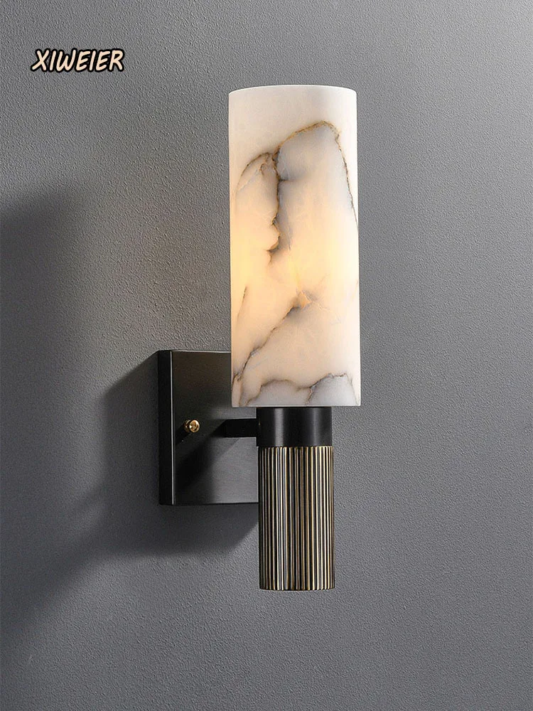 Light luxury postmodern creative marble wall lamp in medieval style, simple bedside living room decoration, copper wall lamp